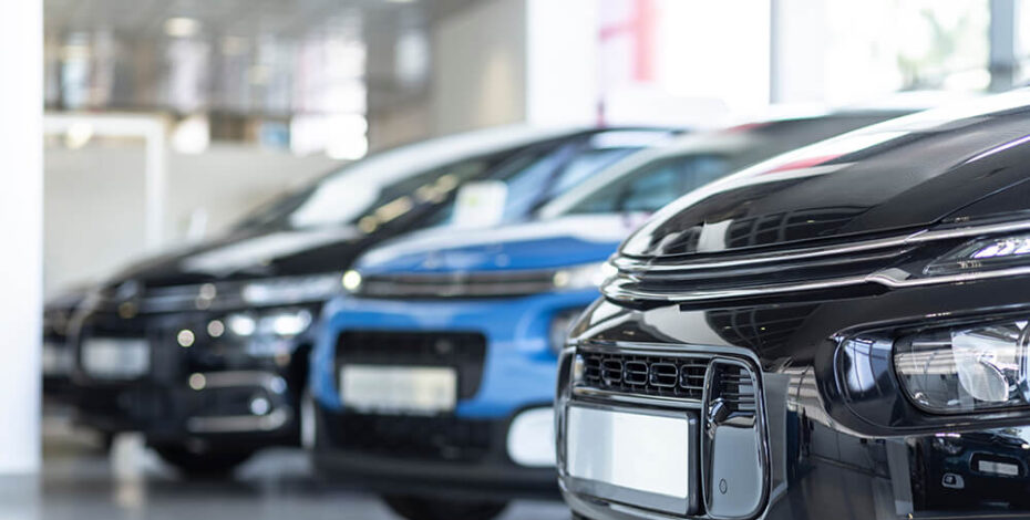 Low angle of extravagance store with cars in a row for sale