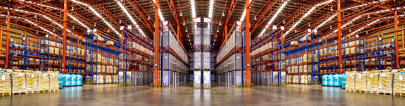 Warehouse industrial and logistics companies. Commercial warehouse. Huge distribution warehouse with high shelves. Bottom view.